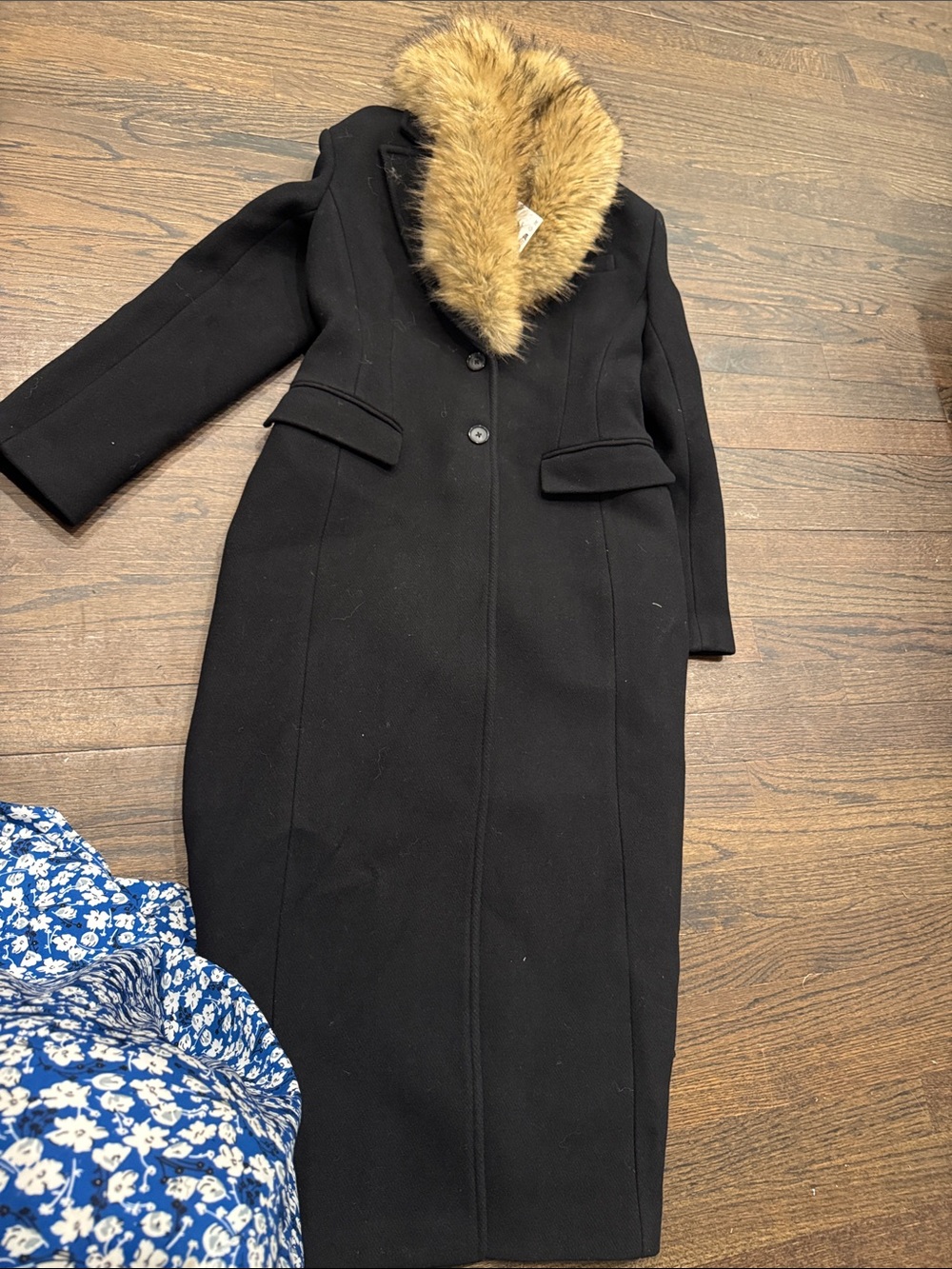 Zara Black Long Coat with Faux Fur Collar